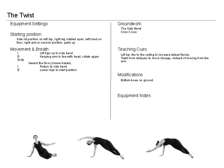 The Twist Equipment Settings Starting position Groundwork The Side Bend Criss Cross Side sit