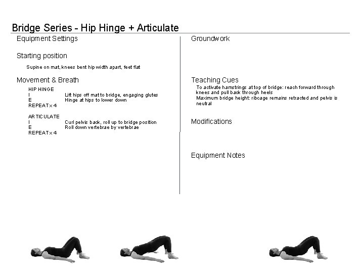 Bridge Series - Hip Hinge + Articulate Equipment Settings Groundwork Starting position Supine on