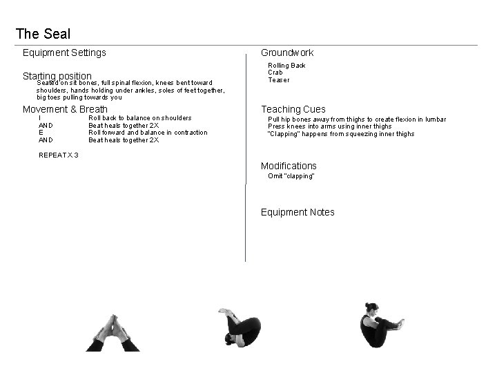 The Seal Equipment Settings Starting position Seated on sit bones, full spinal flexion, knees