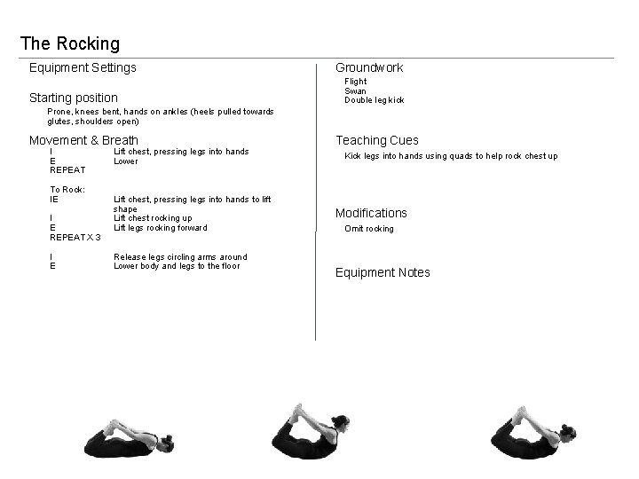 The Rocking Equipment Settings Starting position Groundwork Flight Swan Double leg kick Prone, knees