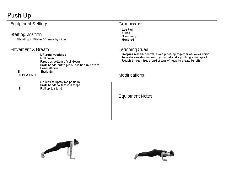 Push Up Equipment Settings Starting position Standing in Pilates V, arms by sides Movement