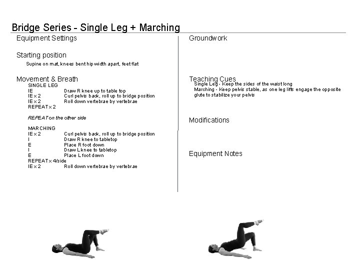 Bridge Series - Single Leg + Marching Equipment Settings Groundwork Starting position Supine on