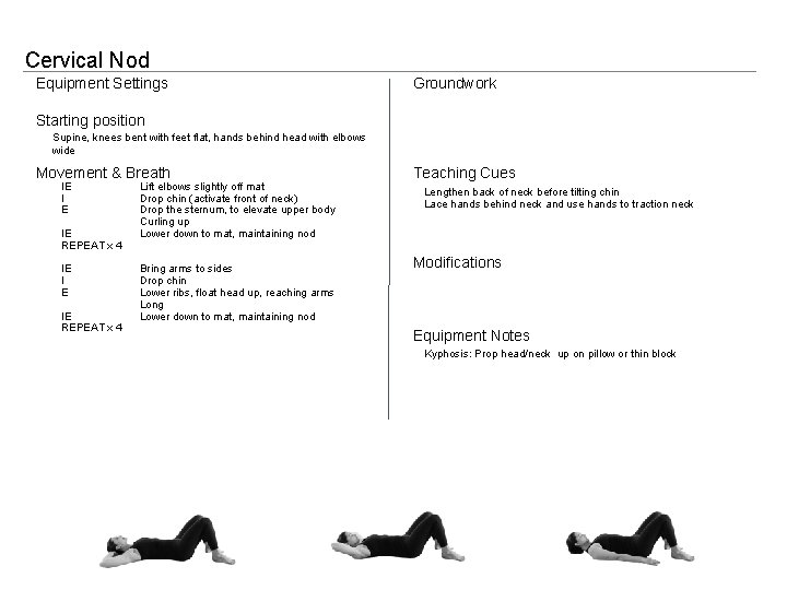 Cervical Nod Equipment Settings Groundwork Starting position Supine, knees bent with feet flat, hands