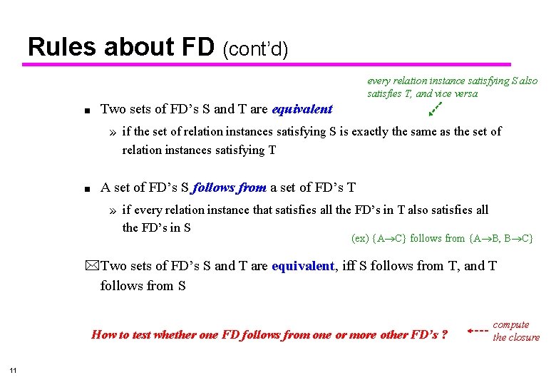 Rules about FD (cont’d) every relation instance satisfying S also satisfies T, and vice