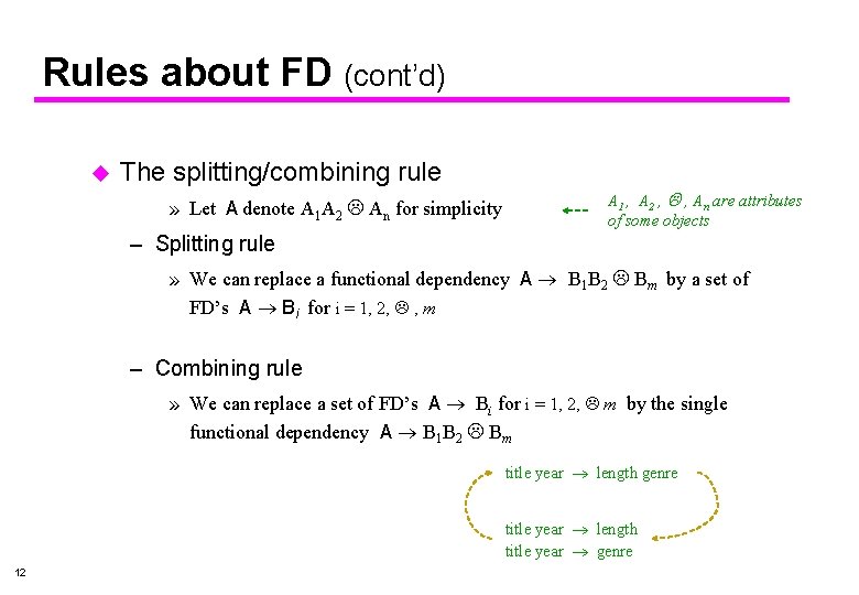 Rules about FD (cont’d) u The splitting/combining rule » Let A denote A 1