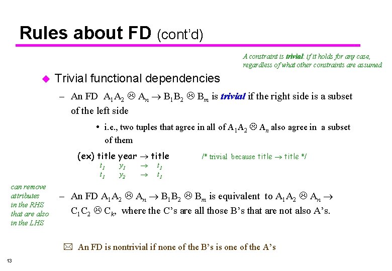 Rules about FD (cont’d) A constraint is trivial: if it holds for any case,