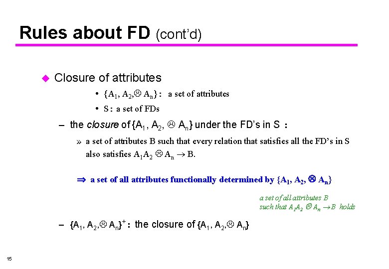 Rules about FD (cont’d) u Closure of attributes {A 1, A 2, An}: a