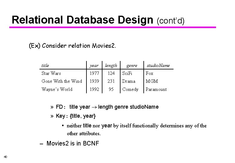 Relational Database Design (cont’d) (Ex) Consider relation Movies 2. title year length genre studio.