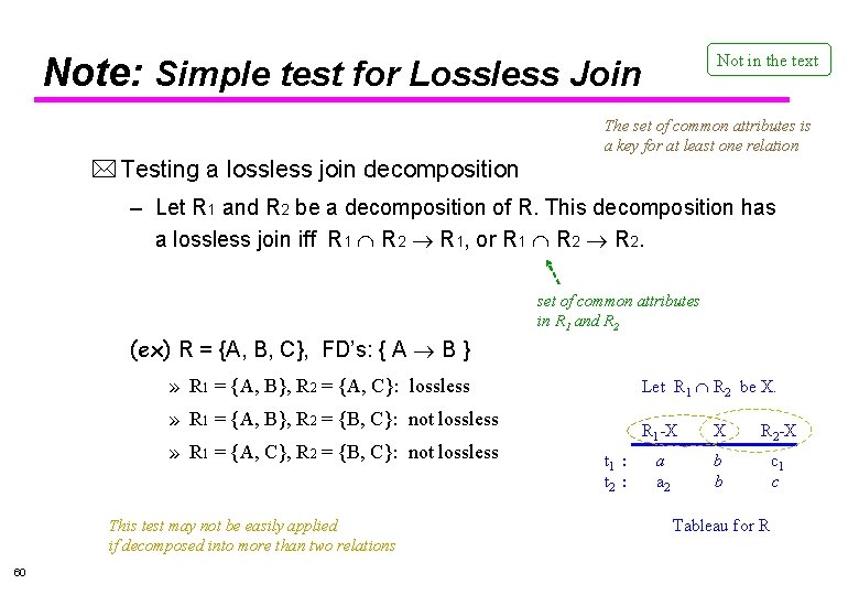 Note: Simple test for Lossless Join Not in the text The set of common