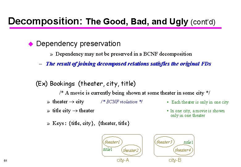 Decomposition: The Good, Bad, and Ugly (cont’d) u Dependency preservation » Dependency may not