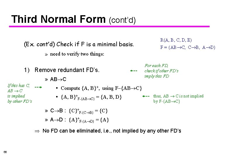 Third Normal Form (cont’d) (Ex. cont’d) Check if F is a minimal basis. R(A,