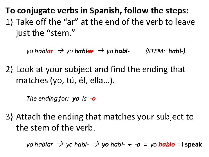 To conjugate verbs in Spanish, follow the steps: 1) Take off the “ar” at