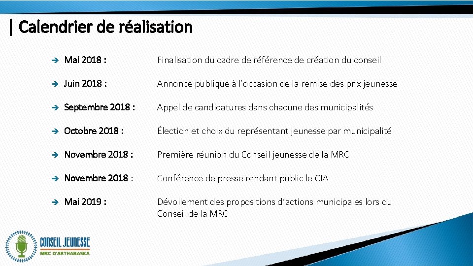 | Calendrier de réalisation è Mai 2018 : Finalisation du cadre de référence de