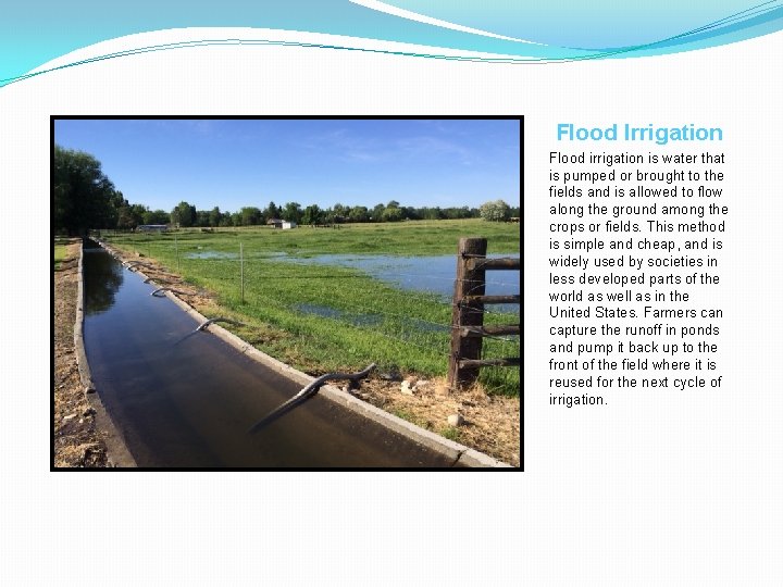 Flood Irrigation Flood irrigation is water that is pumped or brought to the fields