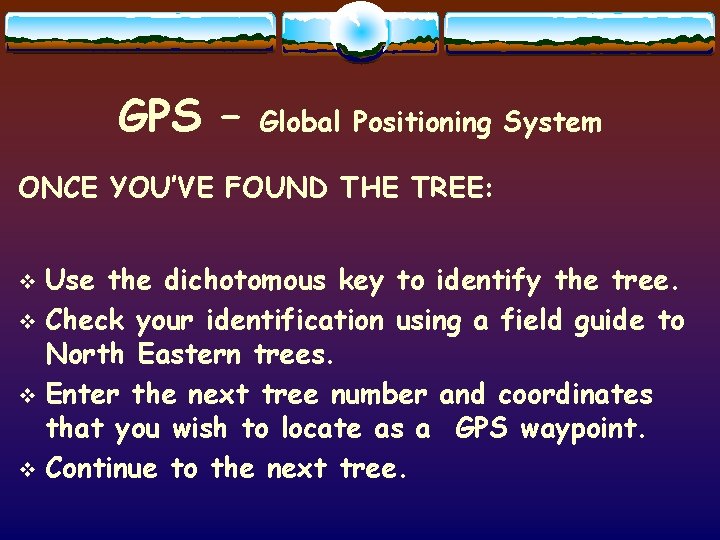 GPS – Global Positioning System ONCE YOU’VE FOUND THE TREE: Use the dichotomous key
