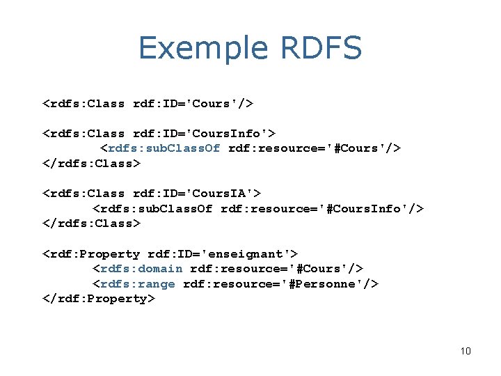 Exemple RDFS <rdfs: Class rdf: ID='Cours'/> <rdfs: Class rdf: ID='Cours. Info'> <rdfs: sub. Class.