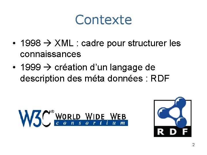 Contexte • 1998 XML : cadre pour structurer les connaissances • 1999 création d’un
