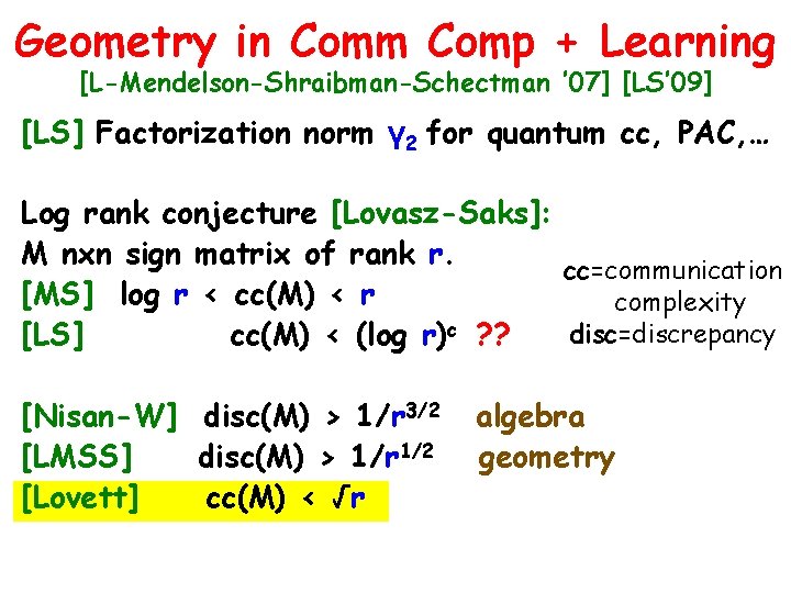 Geometry in Comm Comp + Learning [L-Mendelson-Shraibman-Schectman ’ 07] [LS’ 09] [LS] Factorization norm