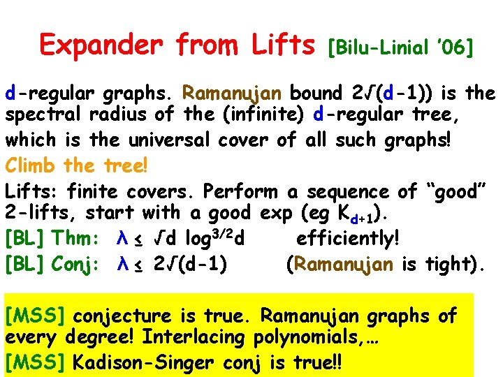 Expander from Lifts [Bilu-Linial ’ 06] d-regular graphs. Ramanujan bound 2√(d-1)) is the spectral