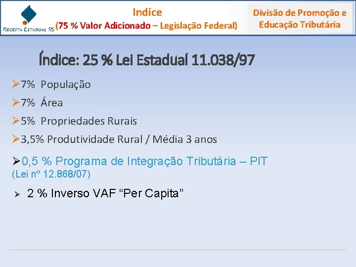 Indice (75 % Valor Adicionado – Legislação Federal) Divisão de Promoção e Educação Tributária
