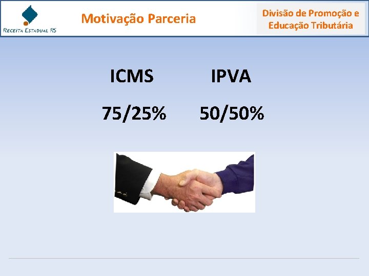 Divisão de Promoção e Educação Tributária Motivação Parceria ICMS IPVA 75/25% 50/50% 