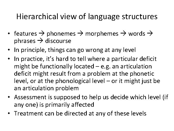 Hierarchical view of language structures • features phonemes morphemes words phrases discourse • In