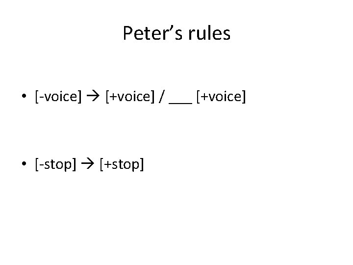 Peter’s rules • [-voice] [+voice] / ___ [+voice] • [-stop] [+stop] 