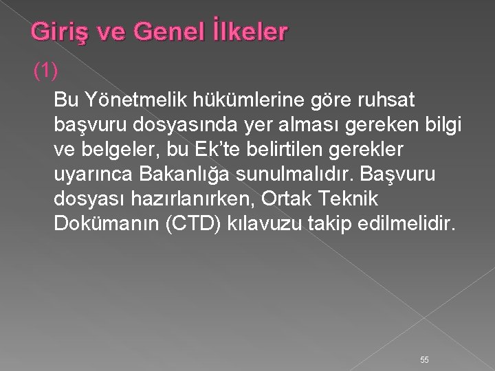 Giriş ve Genel İlkeler (1) Bu Yönetmelik hükümlerine göre ruhsat başvuru dosyasında yer alması