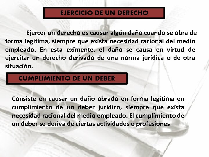 EJERCICIO DE UN DERECHO Ejercer un derecho es causar algún daño cuando se obra