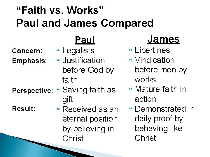 “Faith vs. Works” Paul and James Compared James Paul Concern: Emphasis: Perspective: Result: Legalists