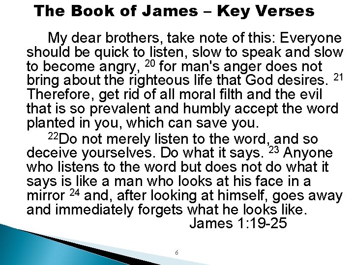 The Book of James – Key Verses My dear brothers, take note of this: