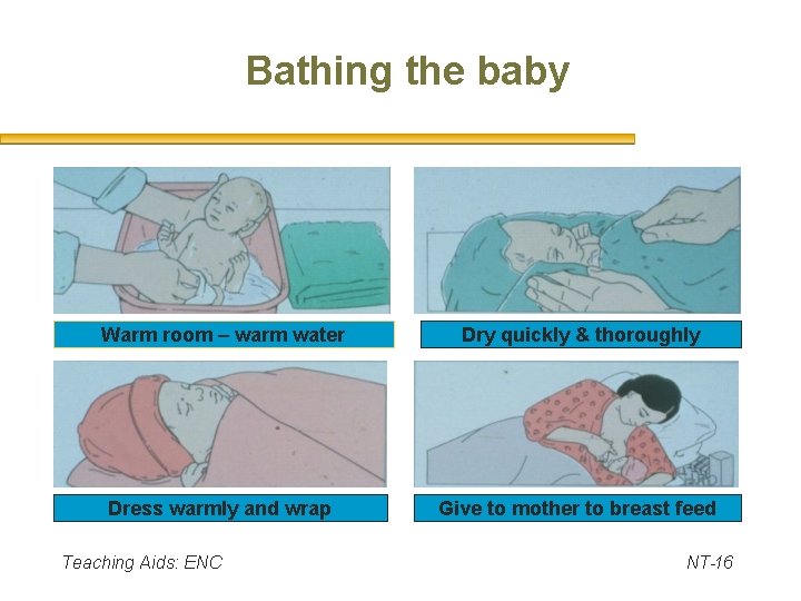 Bathing the baby Warm room – warm water Dry quickly & thoroughly Dress warmly