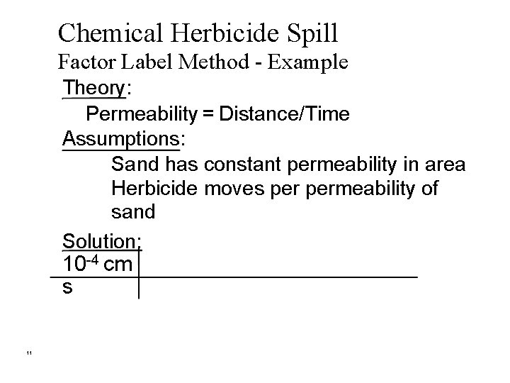 Chemical Herbicide Spill Factor Label Method - Example Theory: Permeability = Distance/Time Assumptions: Sand