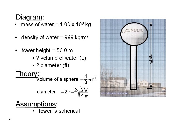 Diagram: • mass of water = 1. 00 x 106 kg • density of