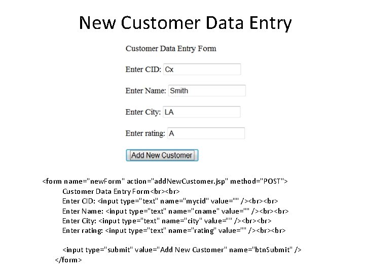 New Customer Data Entry <form name="new. Form" action="add. New. Customer. jsp" method="POST"> Customer Data