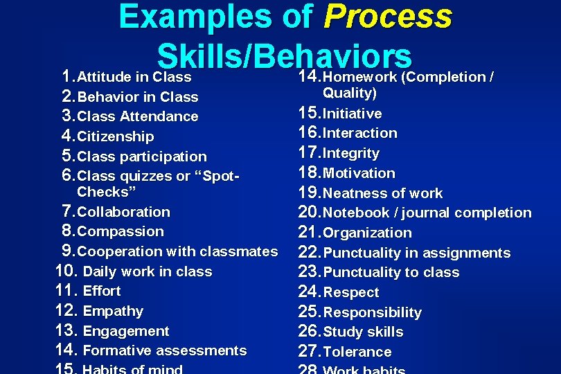 Examples of Process Skills/Behaviors 1. Attitude in Class 14. Homework (Completion / 2. Behavior Examples of Process Skills/Behaviors 1. Attitude in Class 14. Homework (Completion / 2. Behavior