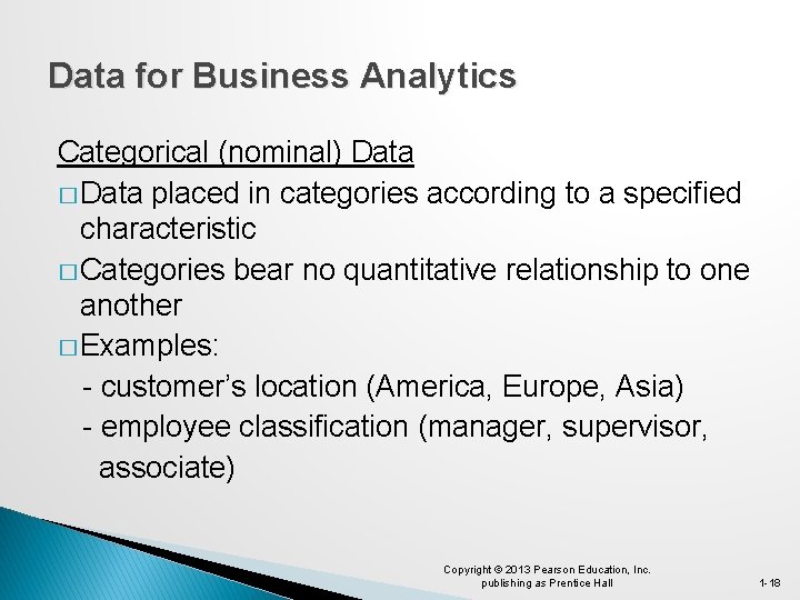 Data for Business Analytics Categorical (nominal) Data � Data placed in categories according to
