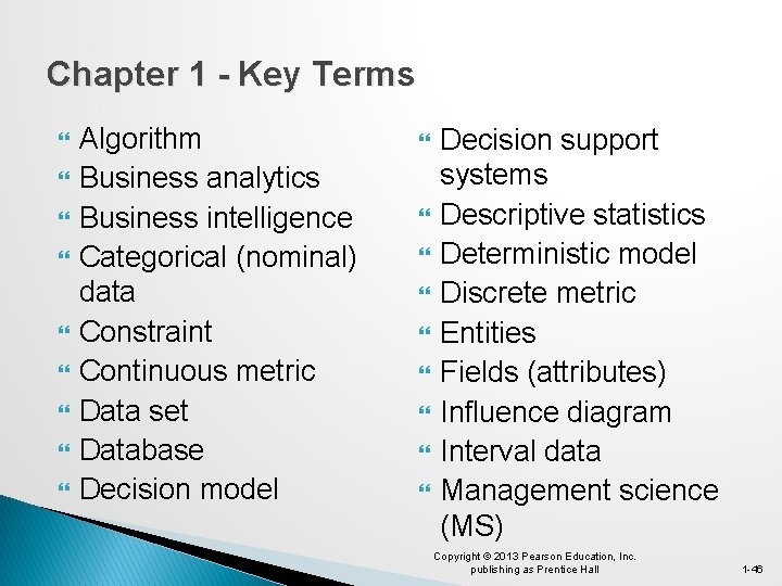 Chapter 1 - Key Terms Algorithm Business analytics Business intelligence Categorical (nominal) data Constraint