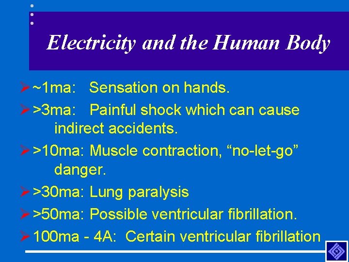 Electricity and the Human Body Ø ~1 ma: Sensation on hands. Ø >3 ma: