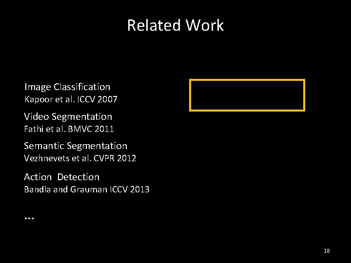 Related Work Image Classification Kapoor et al. ICCV 2007 Video Segmentation Fathi et al.