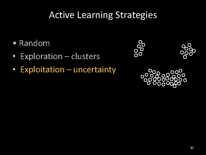 Active Learning Strategies • Random • Exploration – clusters • Exploitation – uncertainty 32