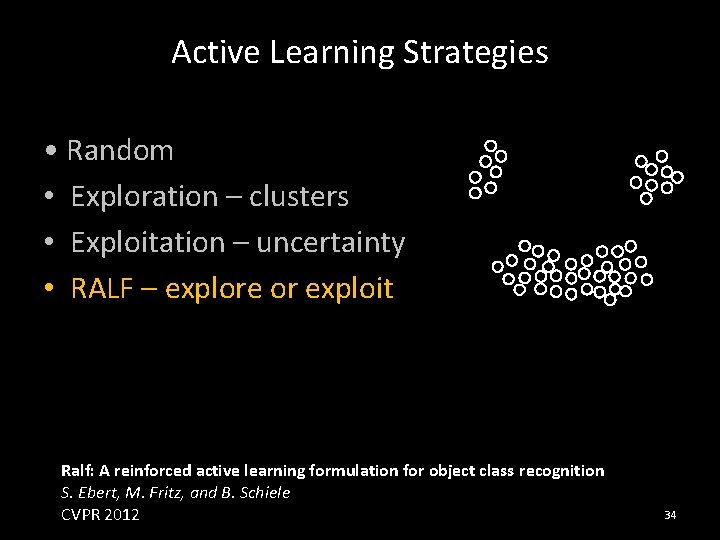 Active Learning Strategies • Random • Exploration – clusters • Exploitation – uncertainty •