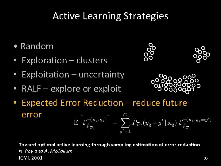 Active Learning Strategies • Random • Exploration – clusters • Exploitation – uncertainty •