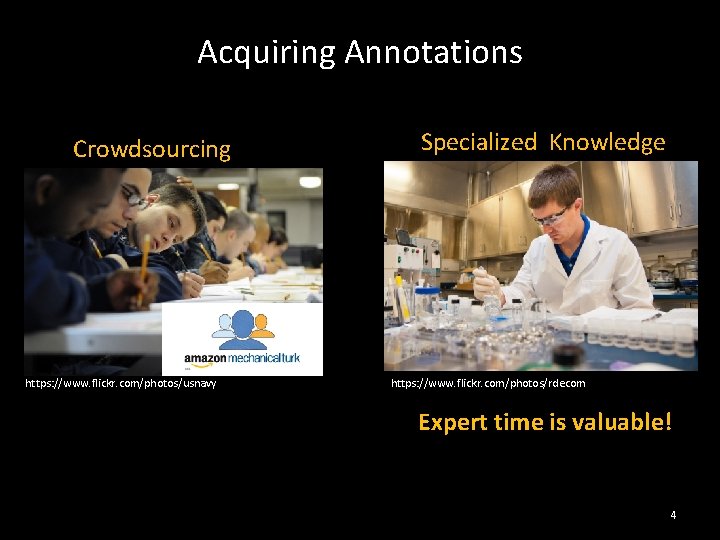 Acquiring Annotations Crowdsourcing https: //www. flickr. com/photos/usnavy Specialized Knowledge https: //www. flickr. com/photos/rdecom Expert