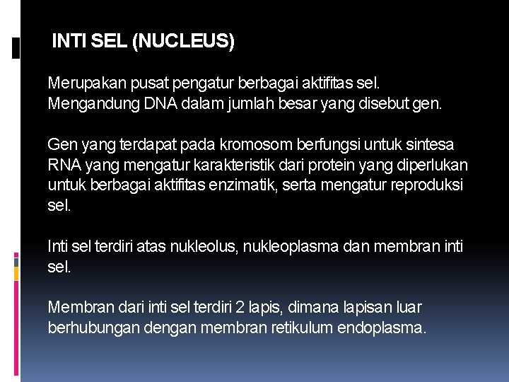 INTI SEL (NUCLEUS) Merupakan pusat pengatur berbagai aktifitas sel. Mengandung DNA dalam jumlah besar