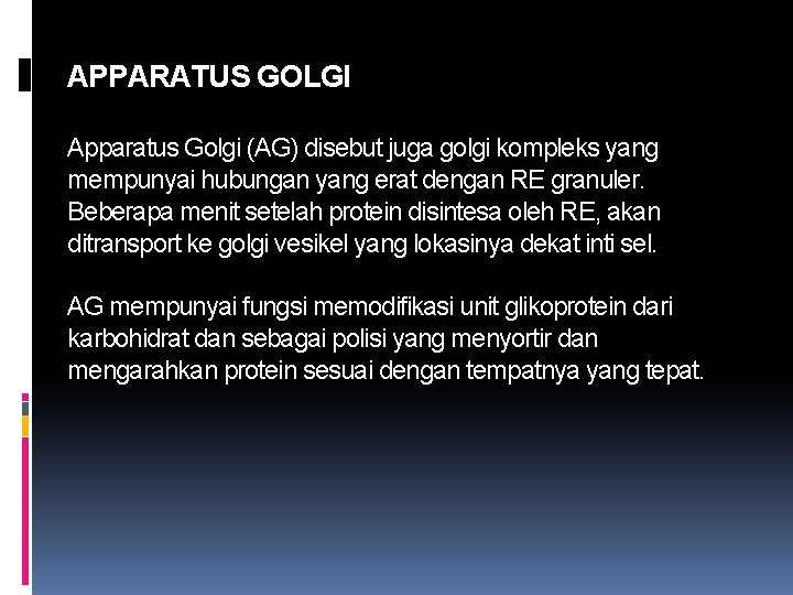 APPARATUS GOLGI Apparatus Golgi (AG) disebut juga golgi kompleks yang mempunyai hubungan yang erat