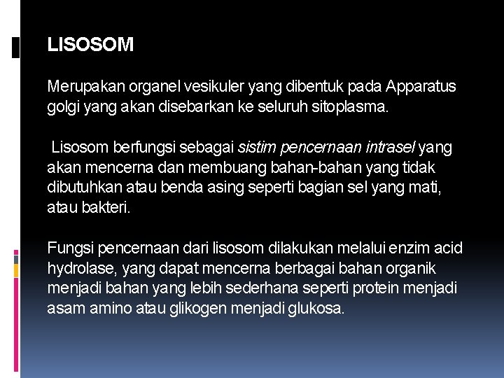 LISOSOM Merupakan organel vesikuler yang dibentuk pada Apparatus golgi yang akan disebarkan ke seluruh