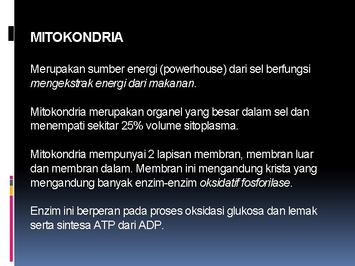 MITOKONDRIA Merupakan sumber energi (powerhouse) dari sel berfungsi mengekstrak energi dari makanan. Mitokondria merupakan