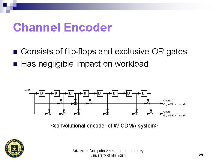 Channel Encoder n n Consists of flip-flops and exclusive OR gates Has negligible impact