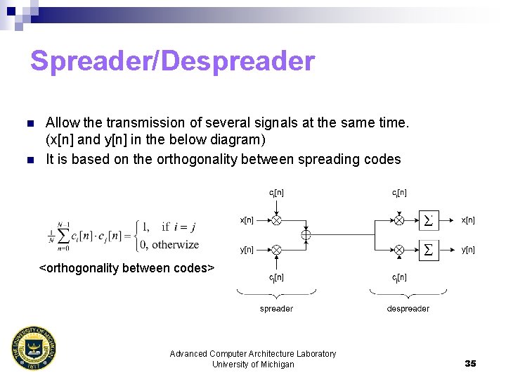 Spreader/Despreader n n Allow the transmission of several signals at the same time. (x[n]